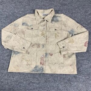 Chico's Design Jacket Womens 3 Beige Floral Ramie Twill Collared Snap Pockets